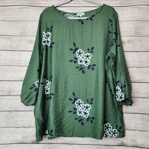 Kindred Peasant Top Blouse Shirt Boho Floral Embroidery Olive Green Plus Size 3X